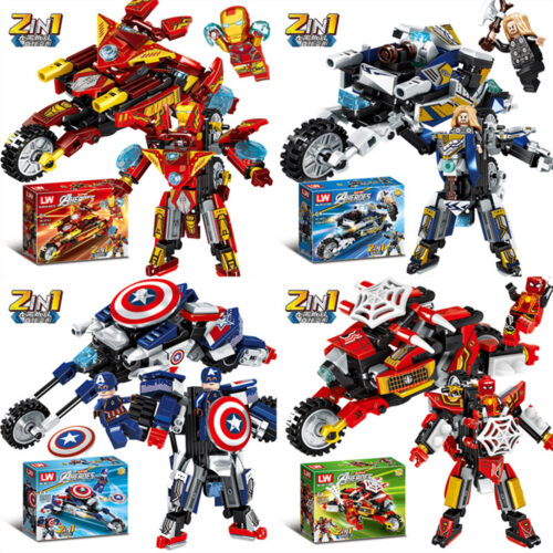 2 IN 1 Disney spiderman Avengers Clan Transforming Mecha Motorcycle Model Building Blocks Sets Classic Dolls Kids Gift Toys